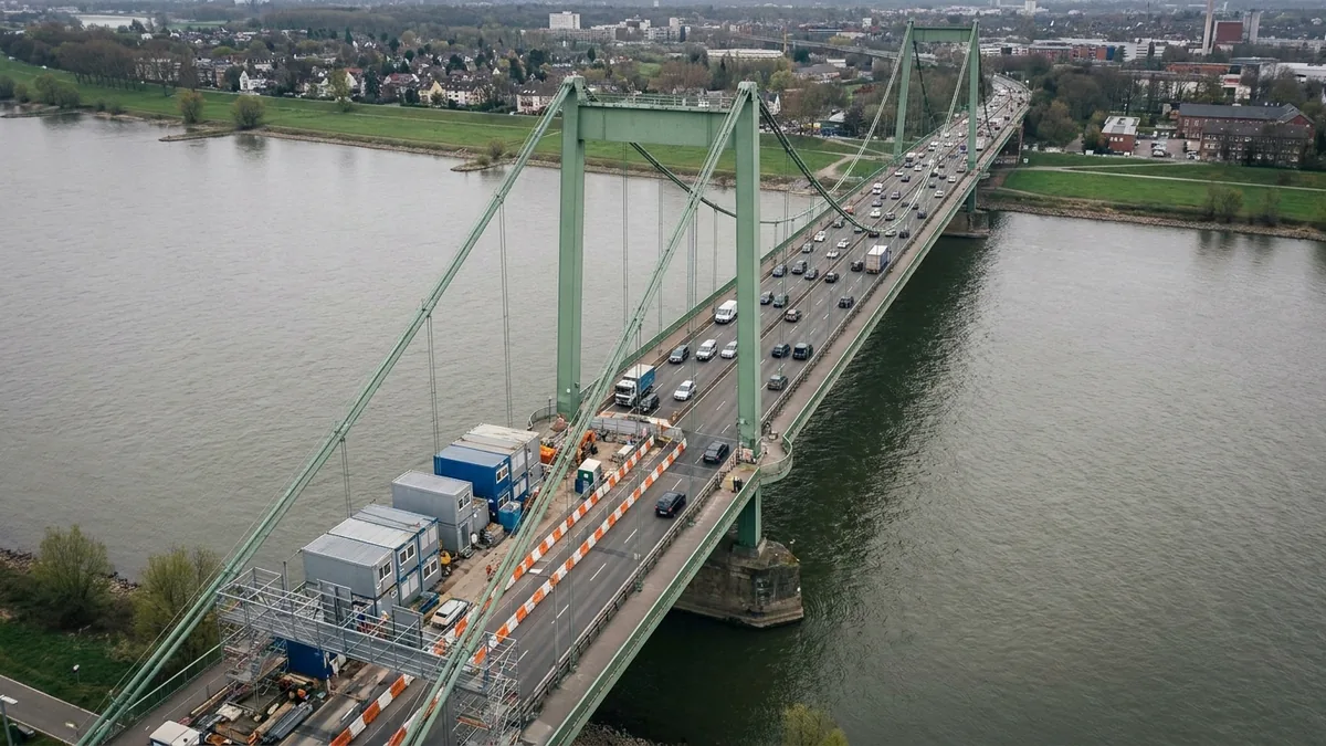 Luftaufnahme einer grünen Hängebrücke über einen Fluss, auf einer Fahrbahnseite Baucontainer und Gerüste, dichter Verkehr