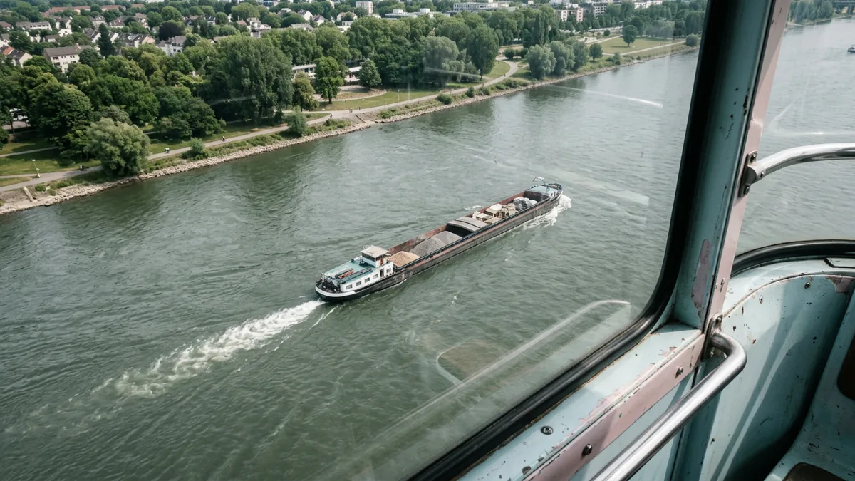 Blick aus einer Seilbahnkabine steil hinunter auf den Rhein und ein Frachtschiff
