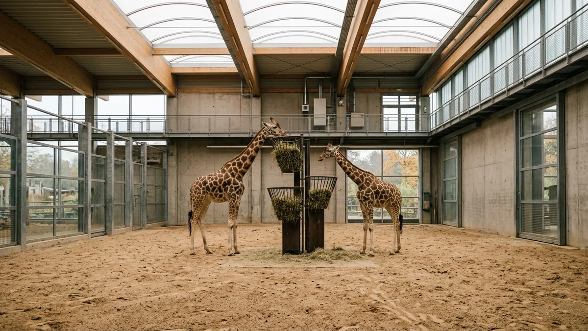Helle Halle eines Giraffenhauses mit Sandboden und hohen Futterkörben unter lichtdurchlässiger Decke