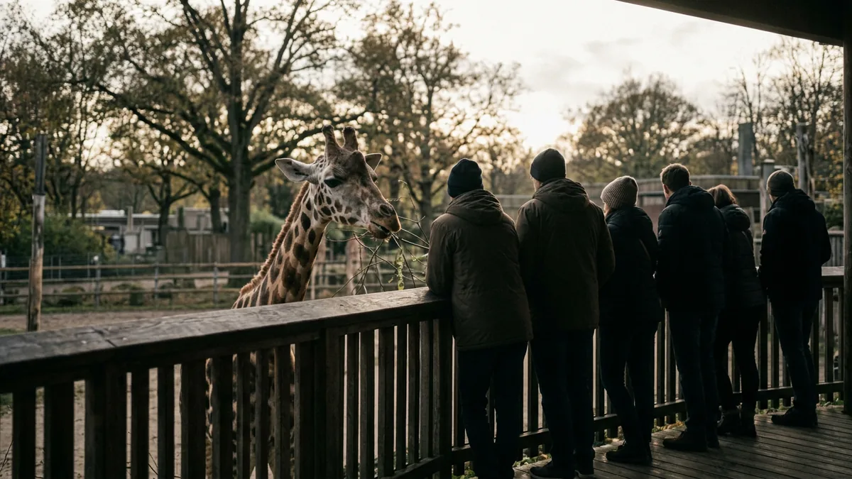 Silhouetten von Gästen an einem Geländer, davor der Kopf einer Giraffe auf gleicher Höhe