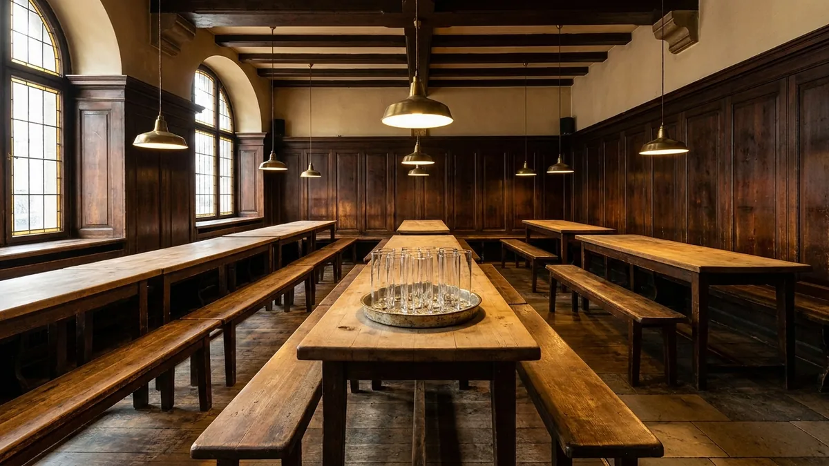Kölner Brauhausstube mit dunklem Holz, langen Tischen und schmalen Gläsern auf einem Tablett