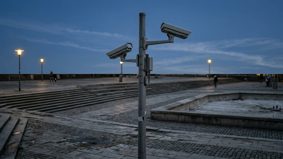 Kameramast der Videobeobachtung auf einem Kölner Platz vor blauem Abendhimmel