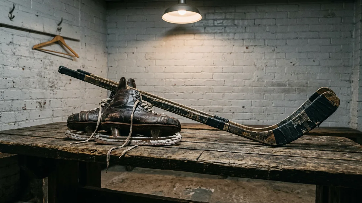 Alte Schlittschuhe und Holzschläger auf einer Bank in einer Kabine