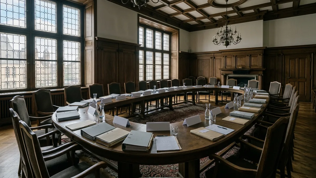 Leerer Sitzungssaal mit Hufeisentisch, unbeschrifteten Tischschildern und Aktenstapeln