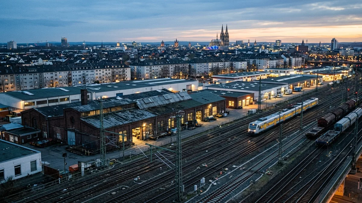 Blick über Bahntrasse und Gewerbehallen in Köln-Ehrenfeld zur blauen Stunde