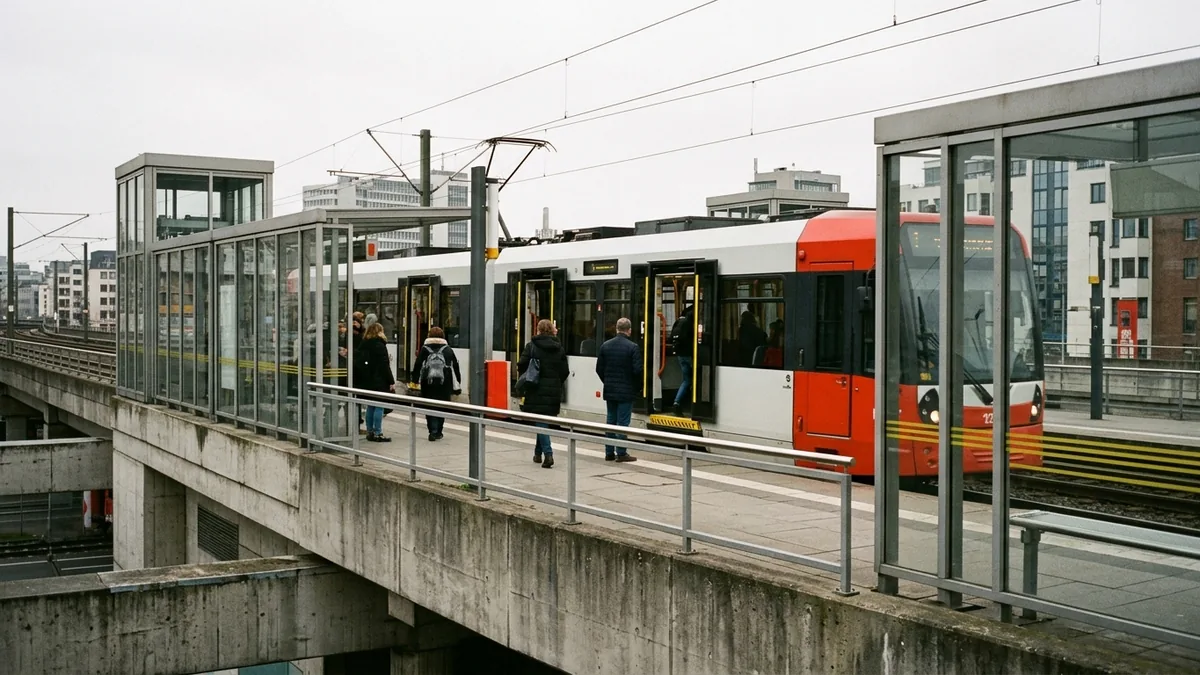 Hochflur-Stadtbahn an einem Kölner Hochbahnsteig, Fahrgäste steigen ein