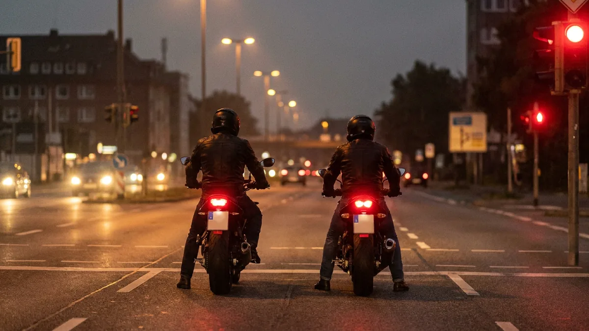Zwei Motorradfahrer von hinten bei Nacht auf einer städtischen Ausfallstraße