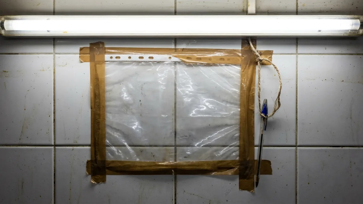 Mit Klebeband an Küchenfliesen befestigte Klarsichthülle unter einer Leuchtstoffröhre, daneben hängt ein Kugelschreiber