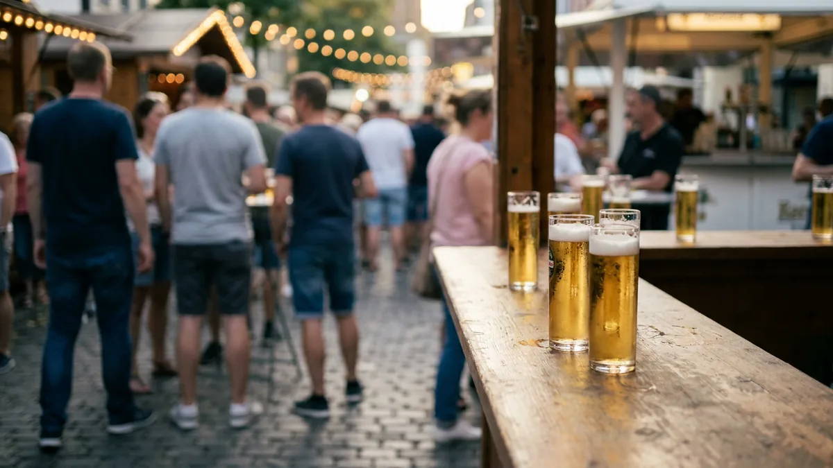 Schmale Kölschgläser auf einem Tresen eines Getränkestands, im Hintergrund unscharf Festbesucher