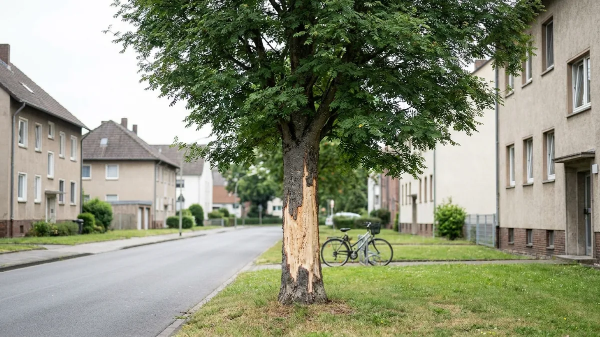 Eberesche an einem Grünstreifen, deren Rinde am unteren Stamm großflächig entfernt wurde
