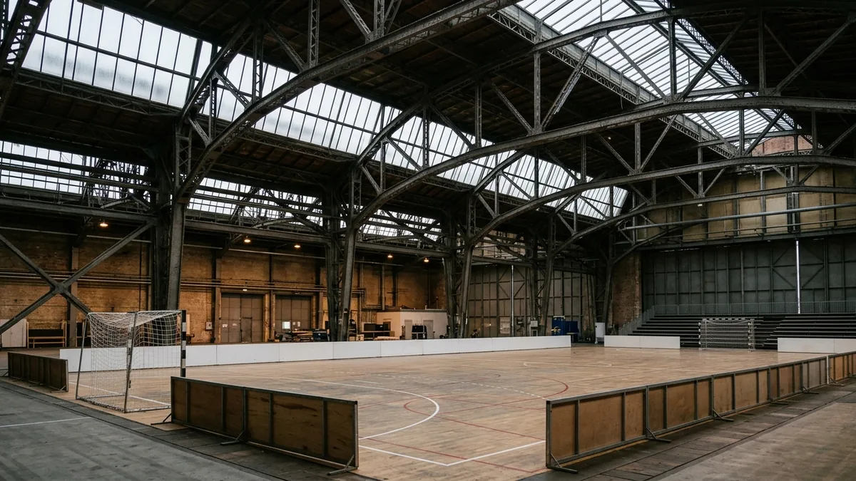 Stahlbinder und Hallendach eines historischen Hangars über einem Handballfeld