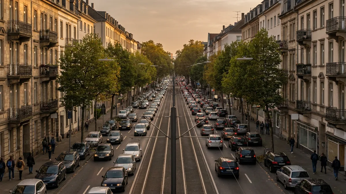 Blick von oben auf eine gerade Stadtstraße mit dichtem Autoverkehr, Gleisen in der Mitte und Altbauten zu beiden Seiten
