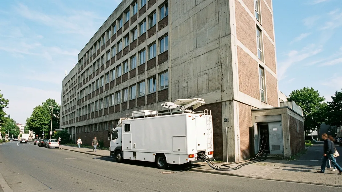 Übertragungswagen mit Satellitenschüssel vor einem großen Sendegebäude am Morgen