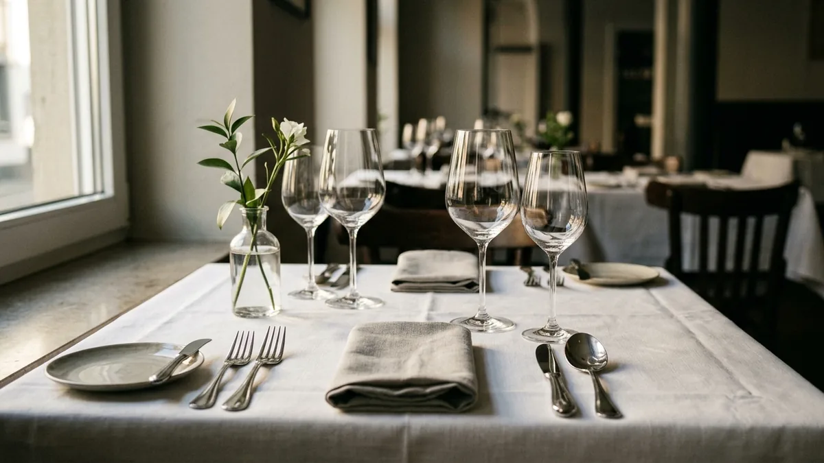 Eingedeckter Tisch mit Weingläsern, gefalteter Serviette und Besteck in einem Restaurant