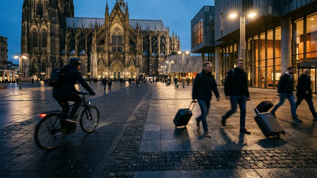 Museumsvorplatz auf der Domplatte mit Radfahrern und Reisenden am Abend