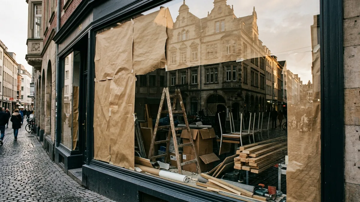 Schaufenster eines noch nicht eröffneten Lokals mit Kartons und Leiter im Inneren