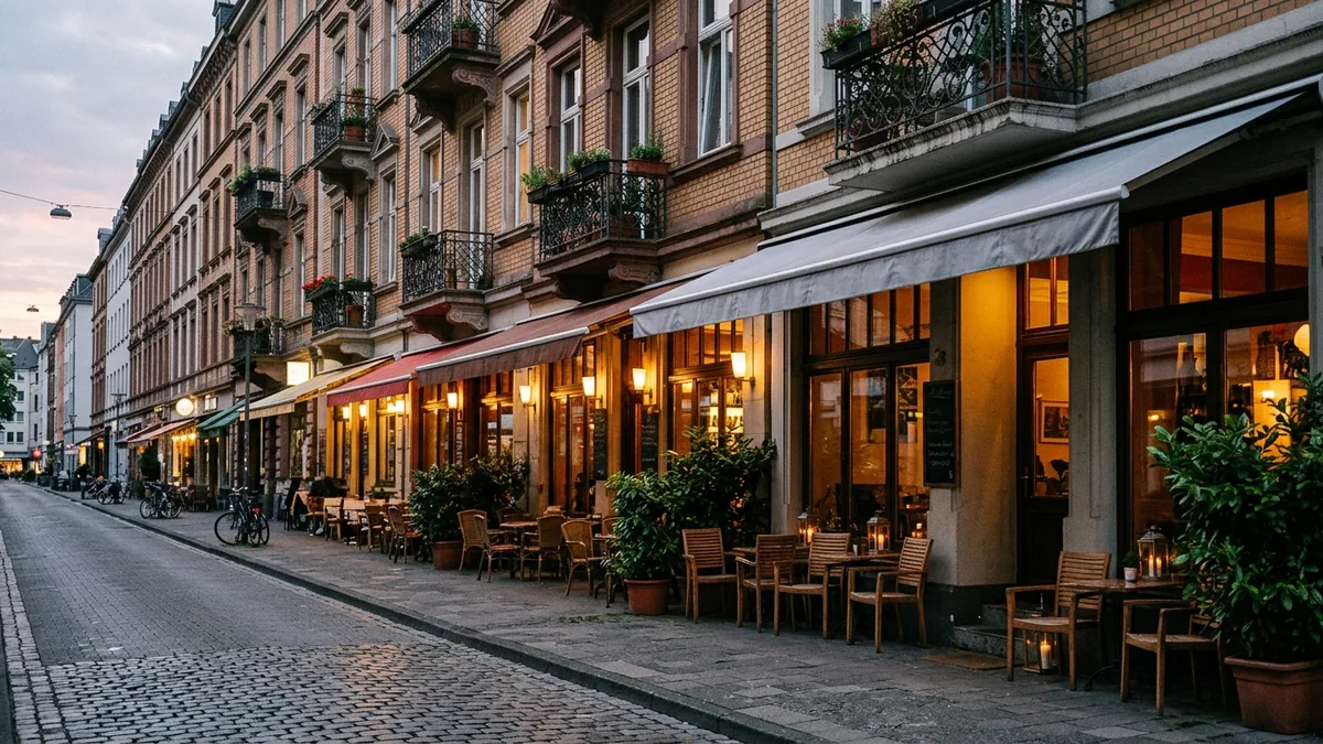 Straßenzug im Belgischen Viertel mit mehreren Gastronomien nebeneinander am Abend
