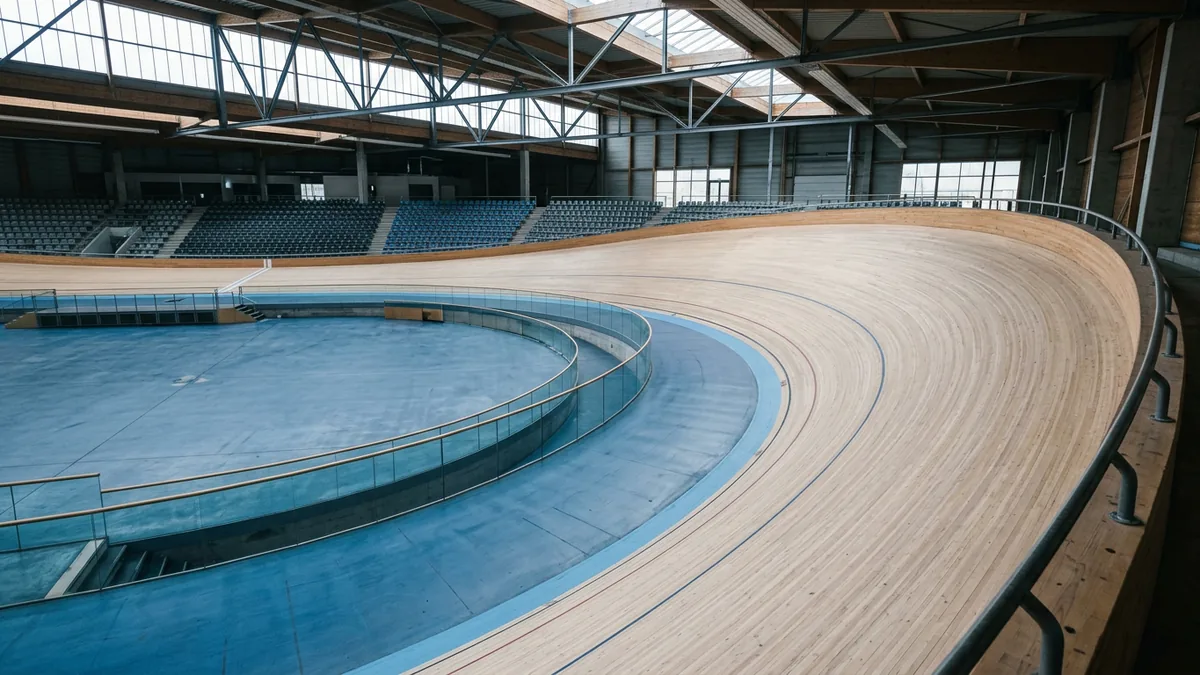 Holzbahn eines Velodroms mit Steilkurve, von der oberen Tribüne aus fotografiert