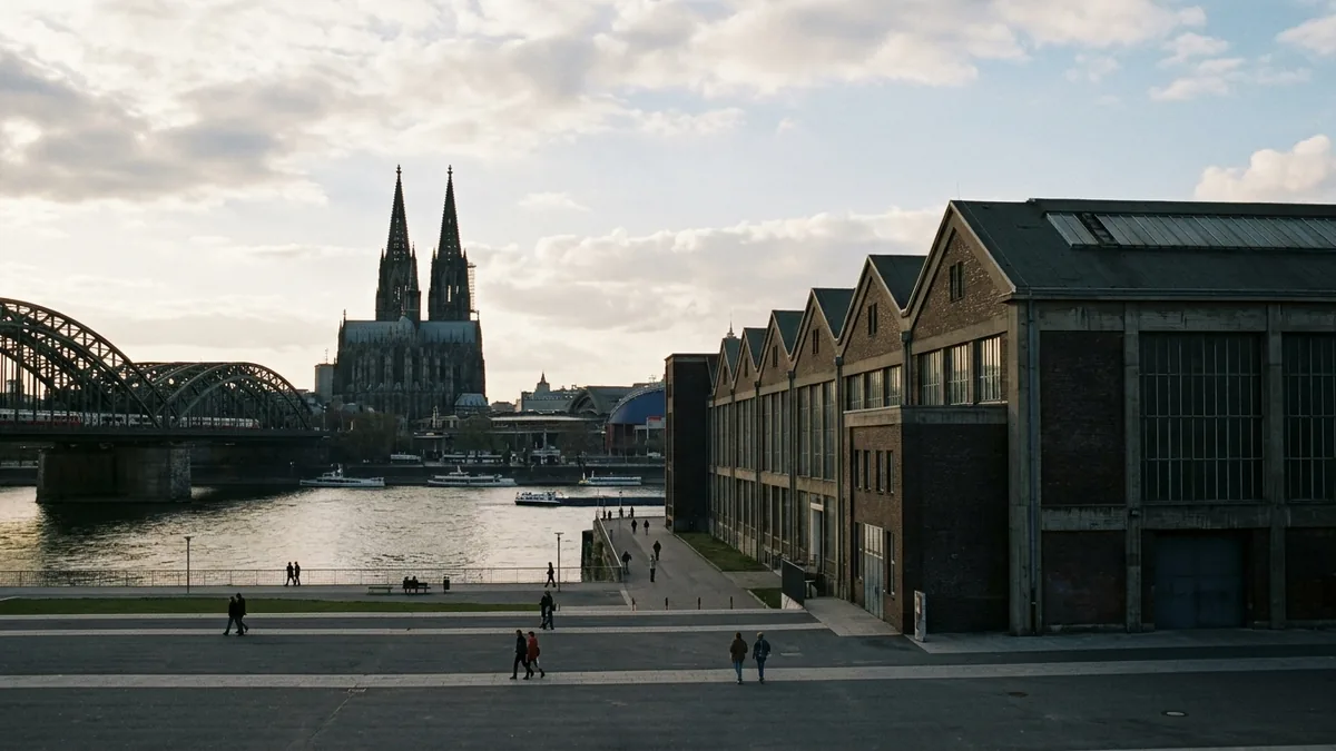Große Hallenspielstätte am Rhein mit Dom und Brücke im Hintergrund