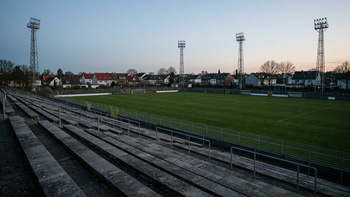 Blick von leeren Betonrängen über einen Rasenplatz auf vier Flutlichtmasten