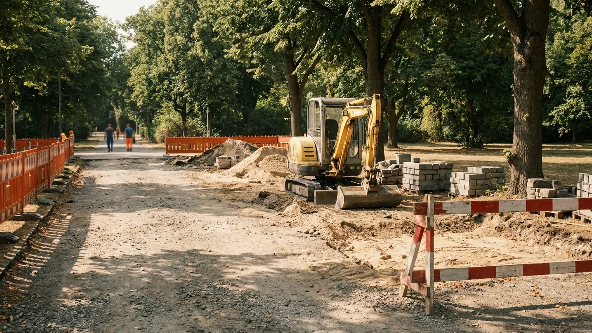 Aufgerissener Parkweg mit kleinem Bagger und Absperrungen in einer Grünanlage
