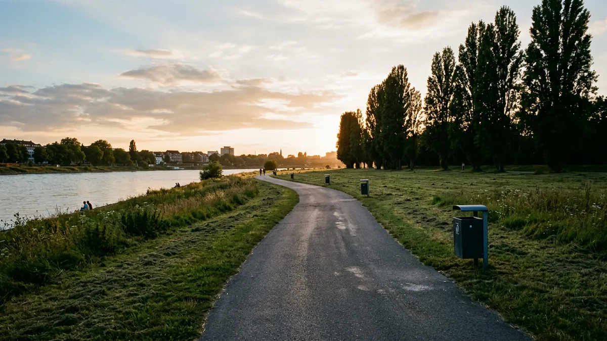 Weite Rheinwiese am Abend mit Uferweg und Bäumen im Gegenlicht