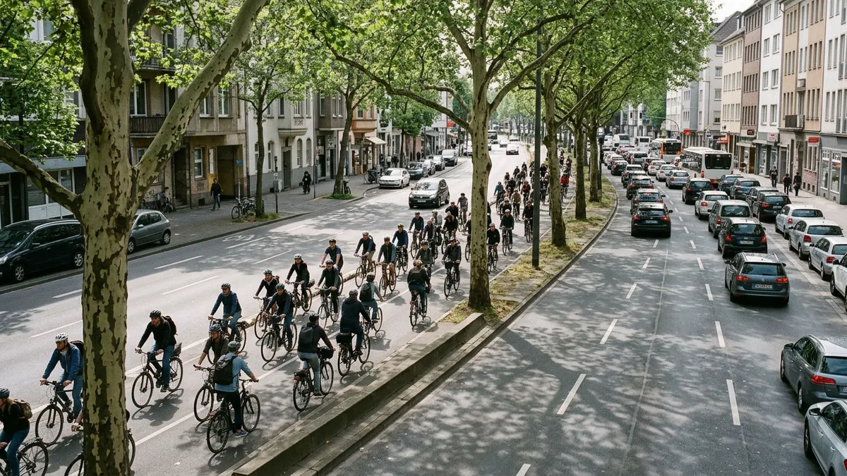 Blick von oben auf einen breiten Radweg voller Radfahrender neben stehendem Autoverkehr