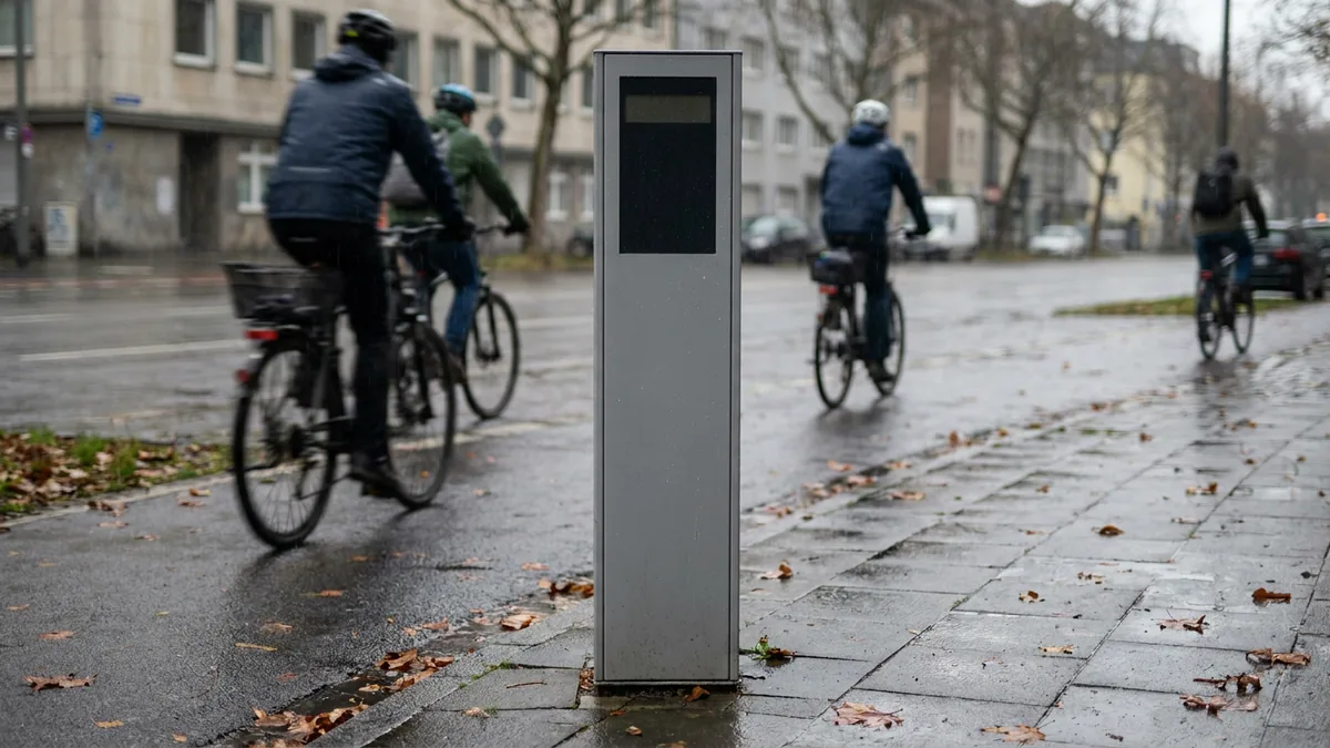 Graue Zählsäule mit dunklem Anzeigefeld am Rand einer regennassen Straße, dahinter mehrere Radfahrende