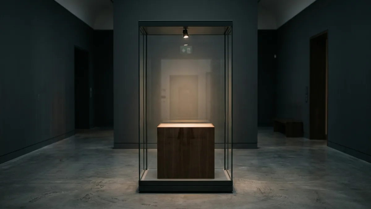 Leere beleuchtete Museumsvitrine ohne Exponat vor dunkler Wand