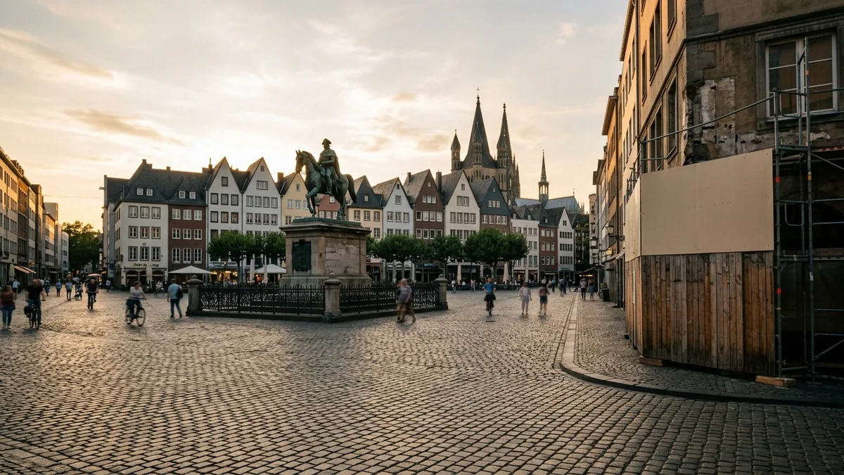 Blick über einen weiten Altstadtplatz in Köln mit Reiterdenkmal am frühen Abend