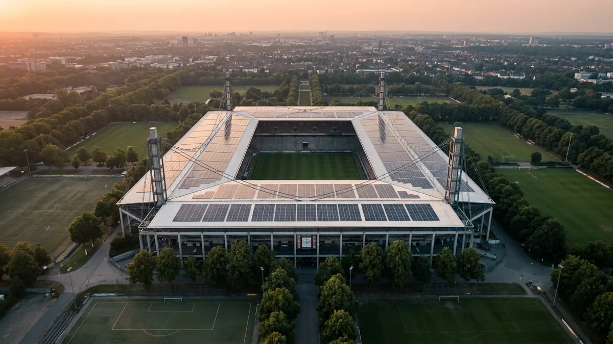 Luftaufnahme eines Fußballstadions mit vier Eckpylonen und Solarmodulen auf dem Dach, umgeben von Sportplätzen und Bäumen