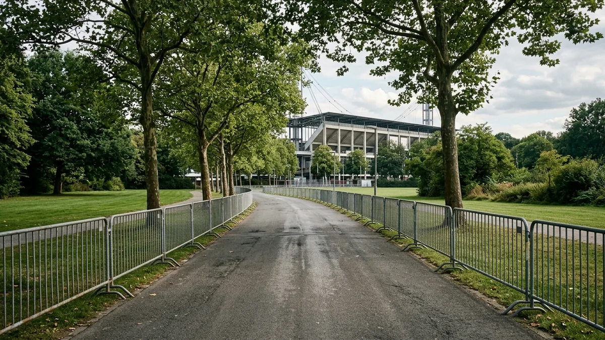 Weg durch einen Grüngürtel Richtung Stadion, an den Seiten Ordnergitter