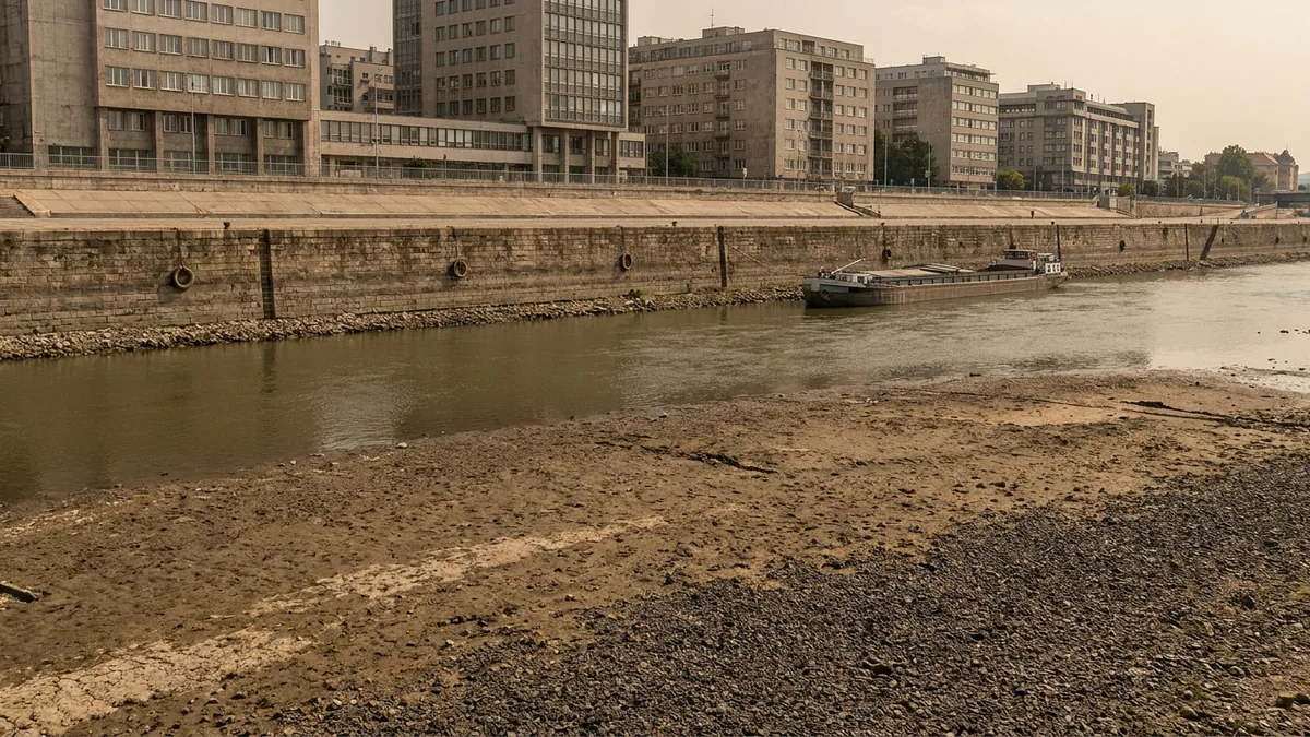 Freigefallene Kiesbank am städtischen Ufer bei extremem Niedrigwasser