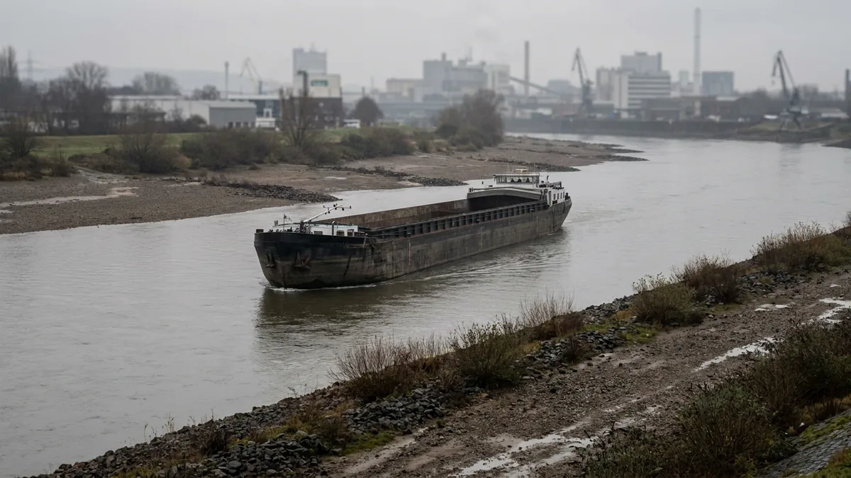 Tief liegendes Frachtschiff mit sichtbarem Freibord auf einem Fluss mit niedrigem Wasserstand