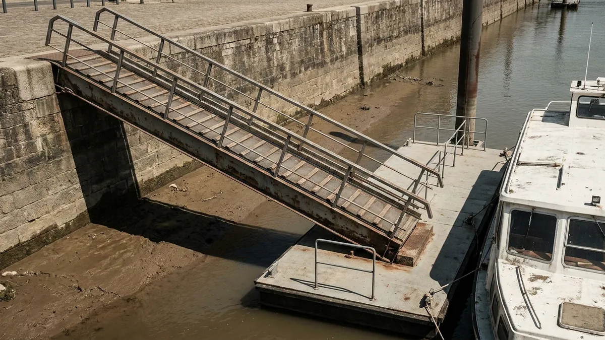 Steile Landungsbrücke von einem Anleger hinunter zu einem Ausflugsschiff