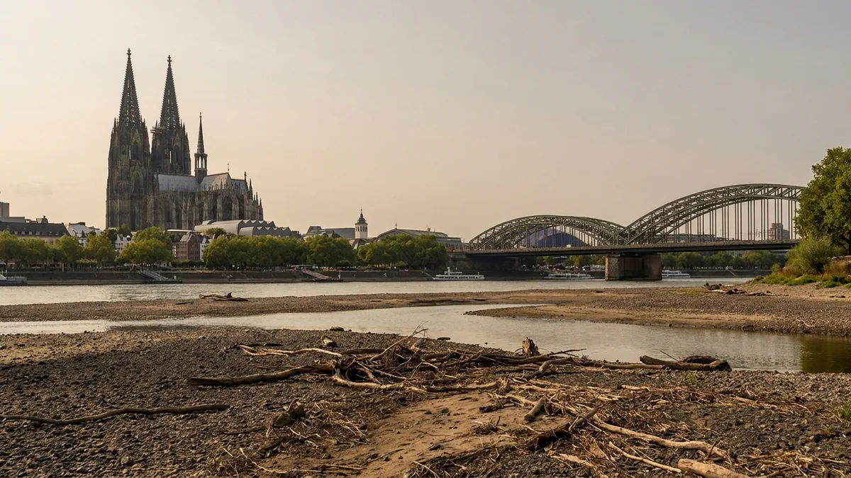 Extremes Niedrigwasser am Rhein in Köln mit breiten Kiesbänken im Vordergrund