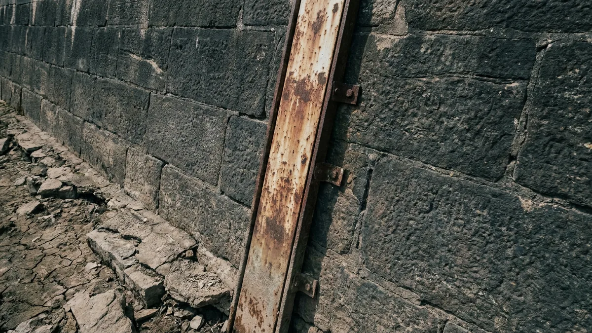 Eine Pegellatte an der Ufermauer, von der Seite aufgenommen