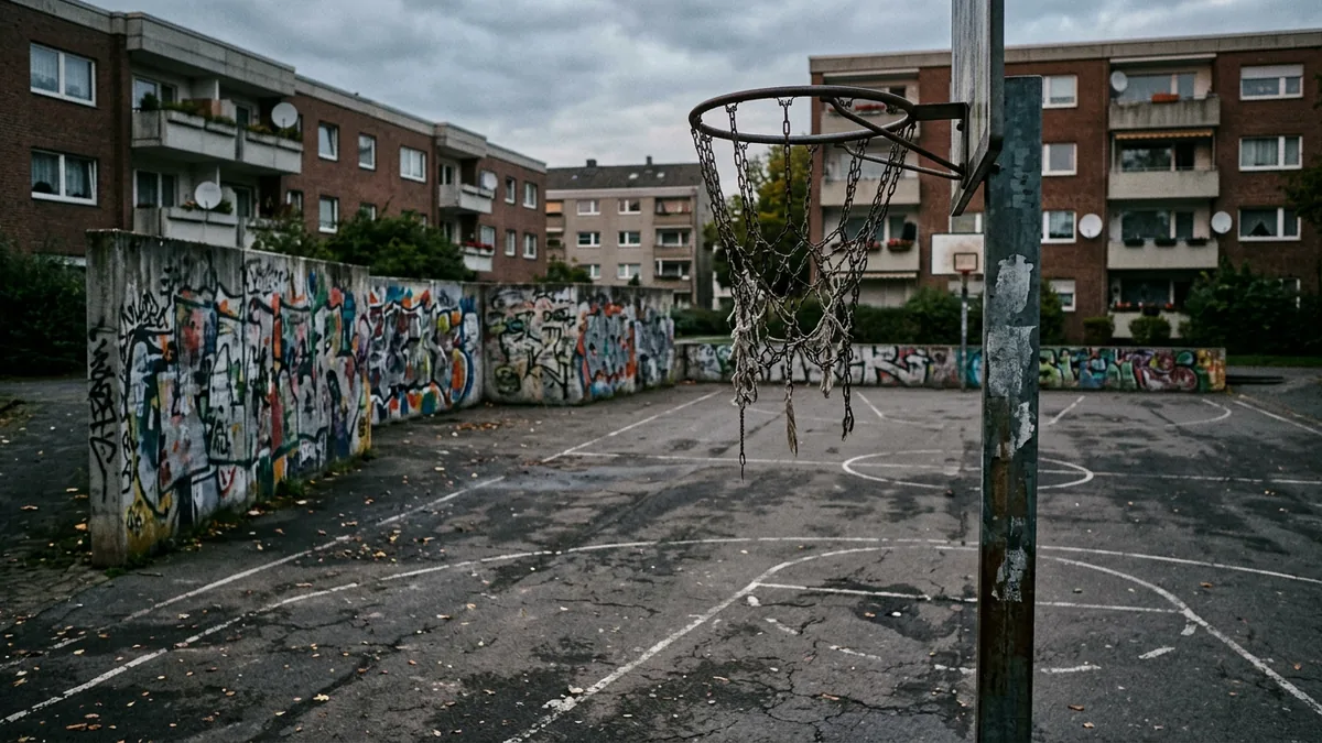 Streetball-Korb mit ausgefranstem Netz auf einem Kölner Bolzplatz