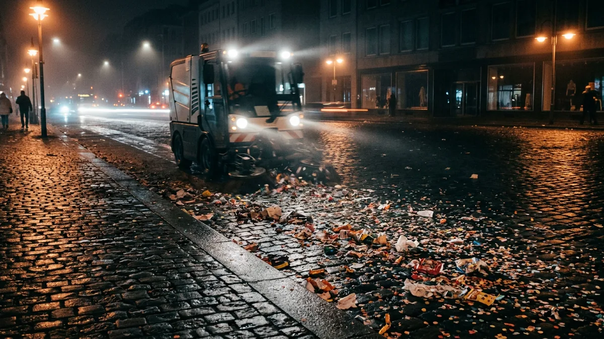 Kehrmaschine räumt am Abend Kamelle-Reste und Konfetti von einem Platz