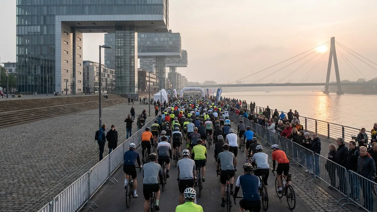 Großes Feld von Rennradfahrenden auf einer Uferstraße bei Sonnenaufgang, links die Kölner Kranhäuser, rechts der Rhein