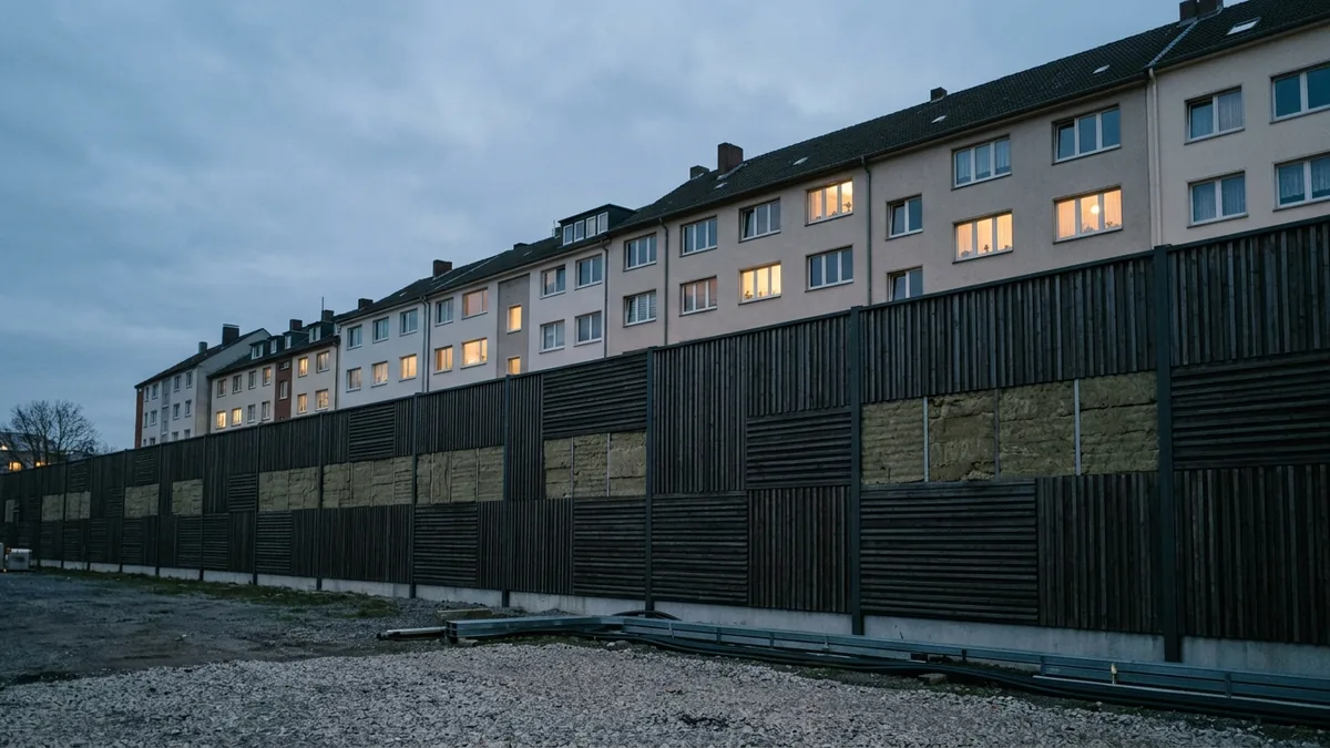 Hohe Holzwand mit Dämmelementen am Rand eines Hofes, dahinter Wohnhäuser mit erleuchteten Fenstern
