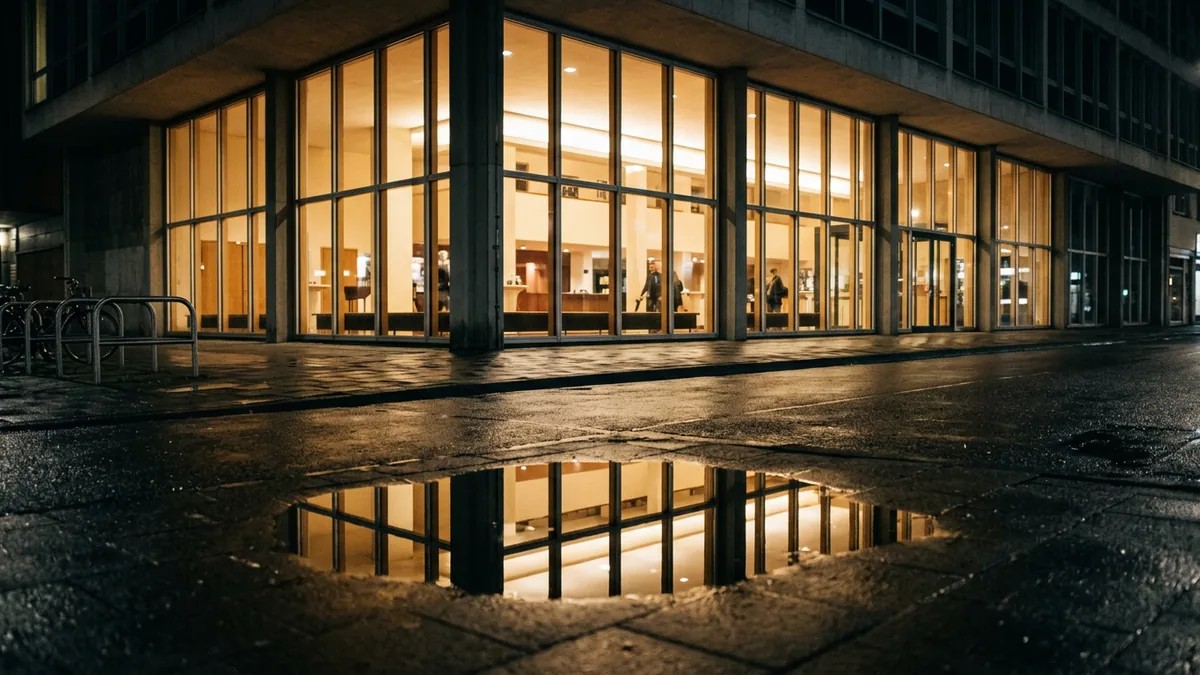 Beleuchtete Foyerfenster eines Theaterbaus bei Nacht, Spiegelung auf nassem Pflaster