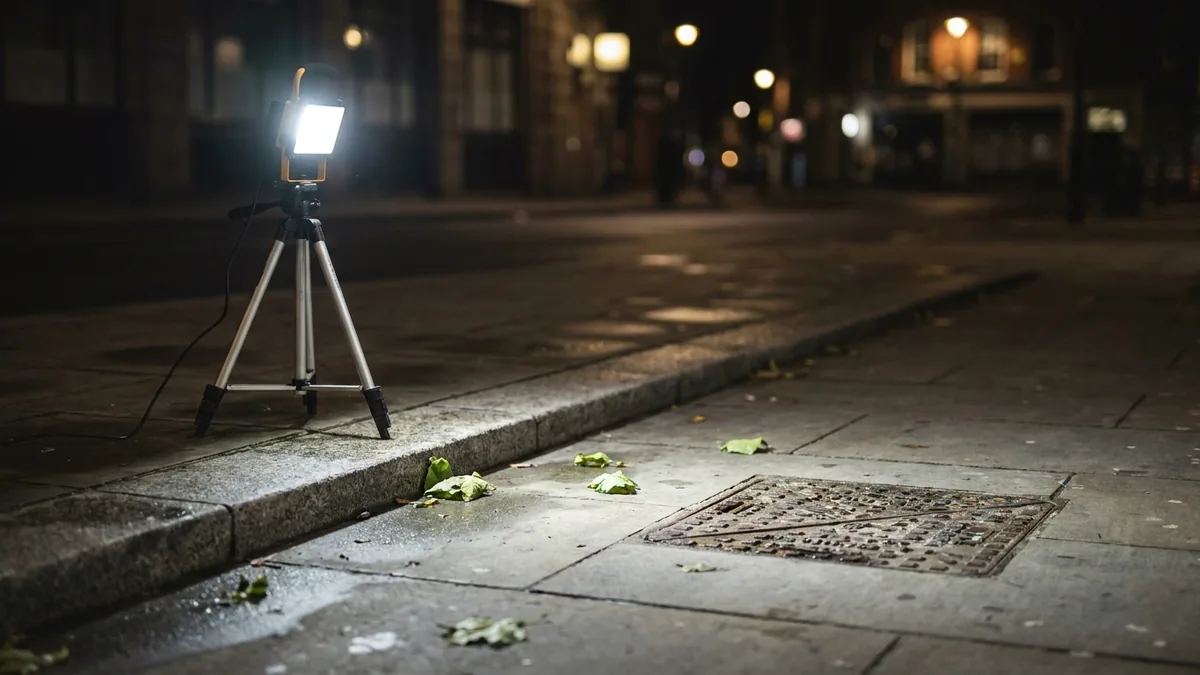 Ein Arbeitsscheinwerfer leuchtet den Gehweg aus
