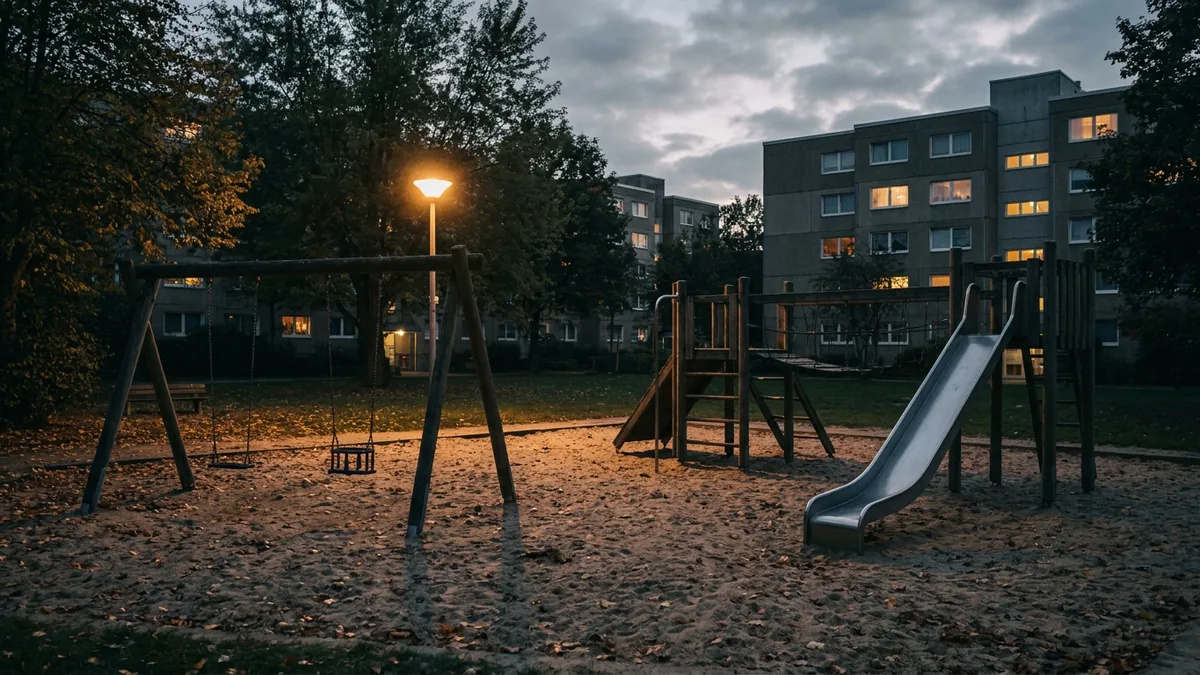 Leerer Spielplatz bei Nacht zwischen Wohnblocks