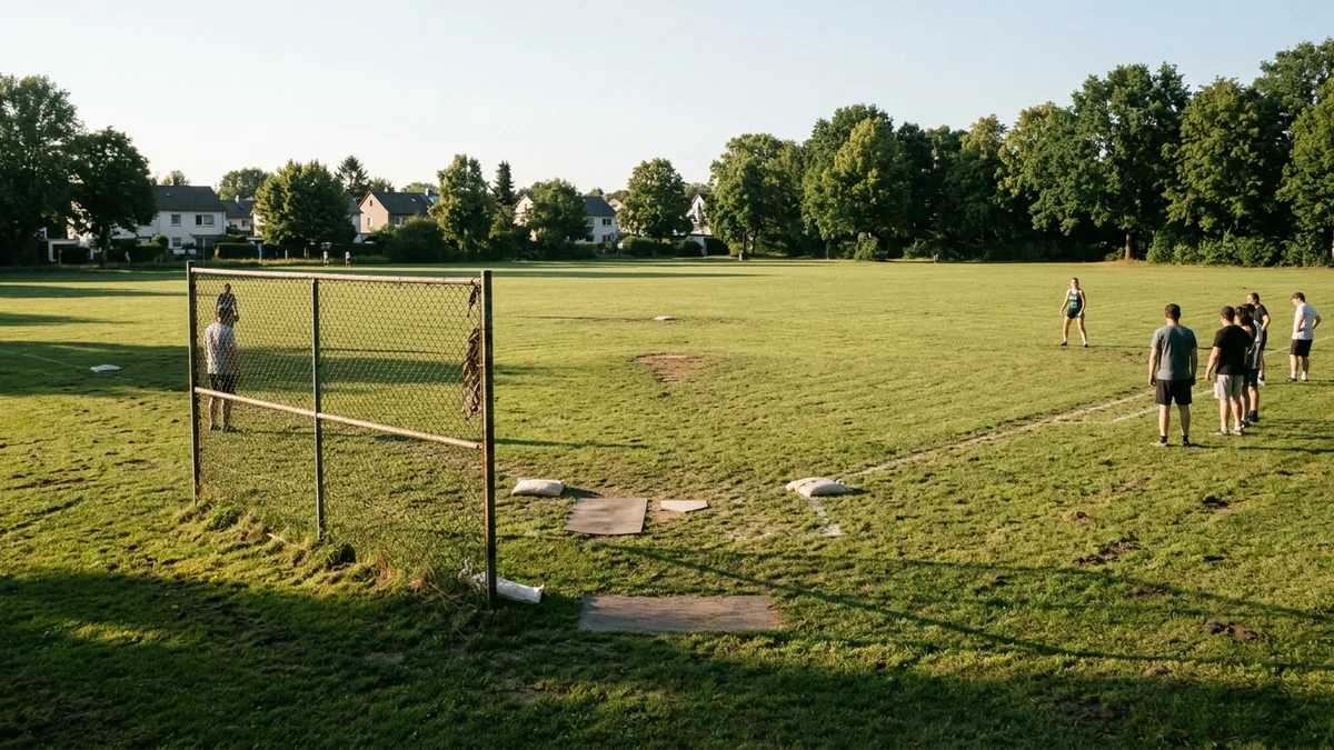 Softballfeld auf einer Rasenanlage mit Fangzaun und Schlagmal im Sommerlicht