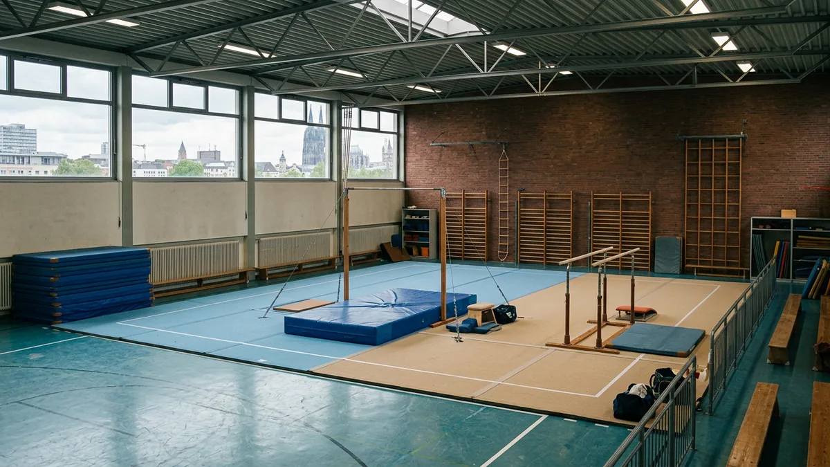 Turnhalle mit Reck, Barren, Bodenmatten und Sprossenwänden bei Hallenlicht