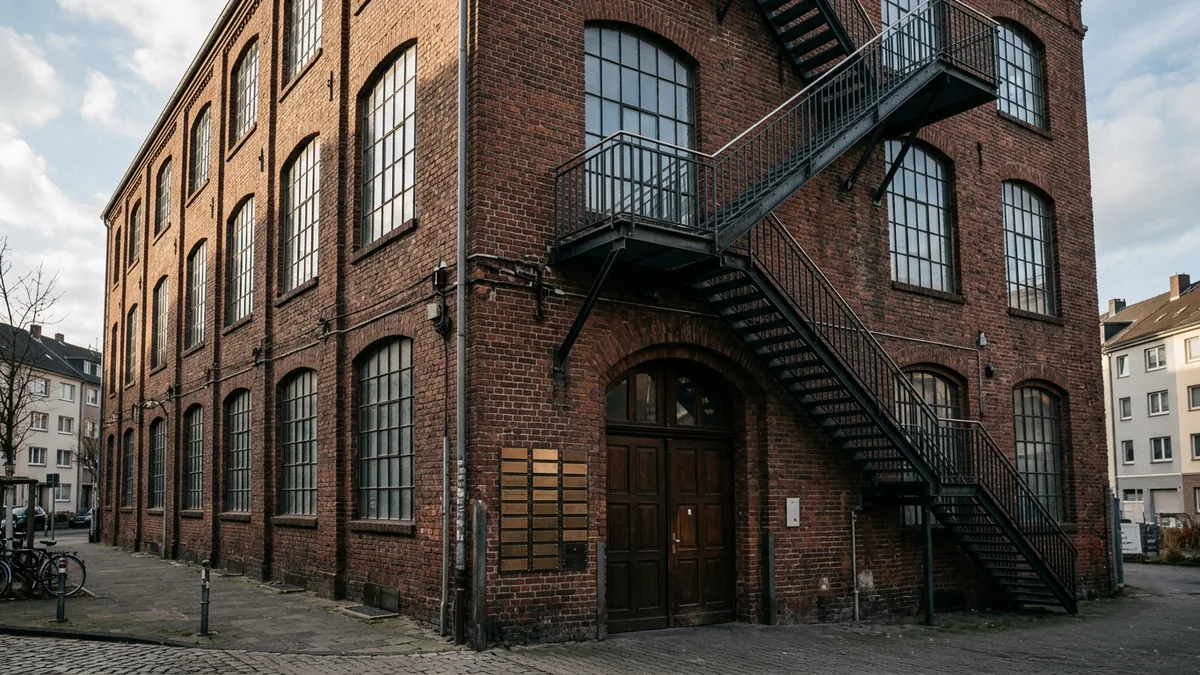 Backsteinfassade eines umgenutzten Fabrikgebäudes in Ehrenfeld
