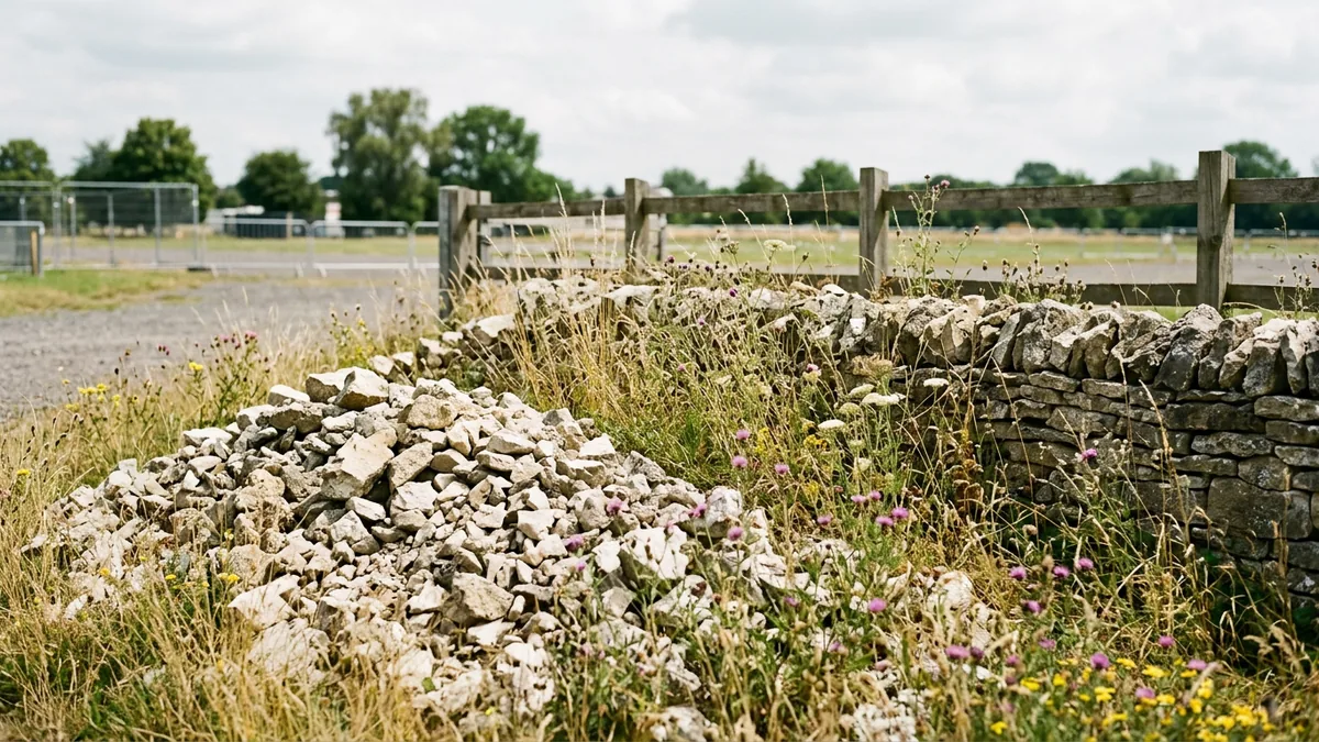 Steinschüttung und Trockenmauer am Rand eines Geländes, hohes Gras, Lebensraum für Eidechsen