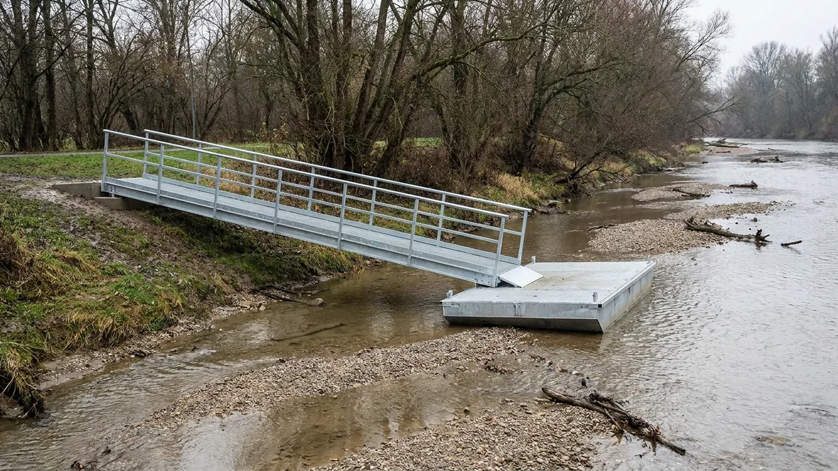 Neue Zugangsbrücke aus Stahl vom Ufer zu einem Anleger am Rhein