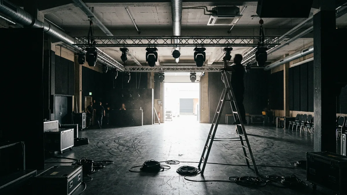 Lichttraverse mit Scheinwerfern unter der Decke eines Kölner Clubs, Techniker als Silhouette